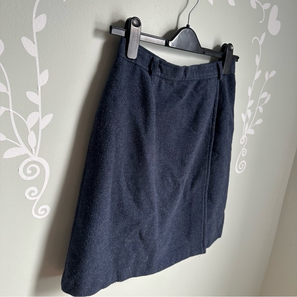 Vintage Dark Blue Wool A-Line Mini Skirt Faux Wrap Lined 7/8 - Picture 3 of 6